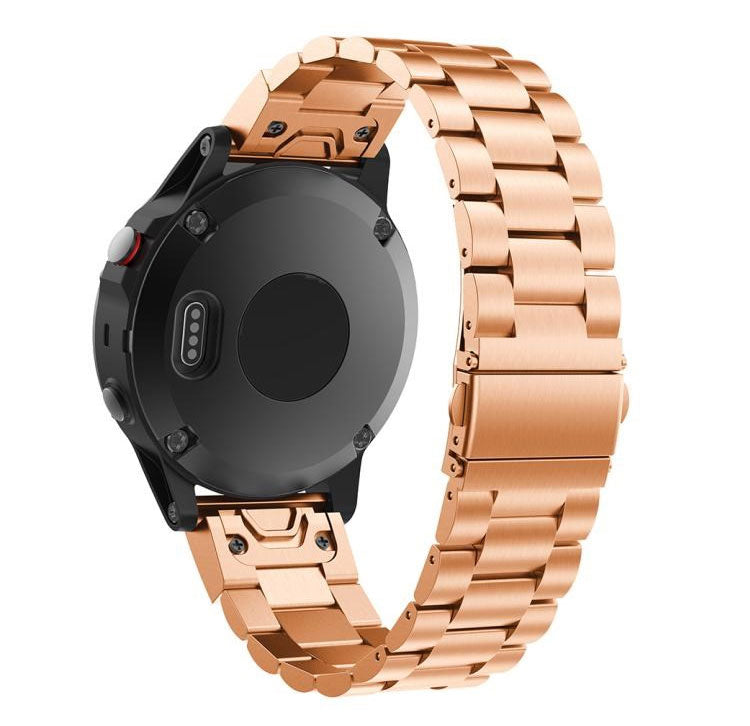 Rose gold stainless steel QuickFit bracelet watch band with black sport watch face and secure link design