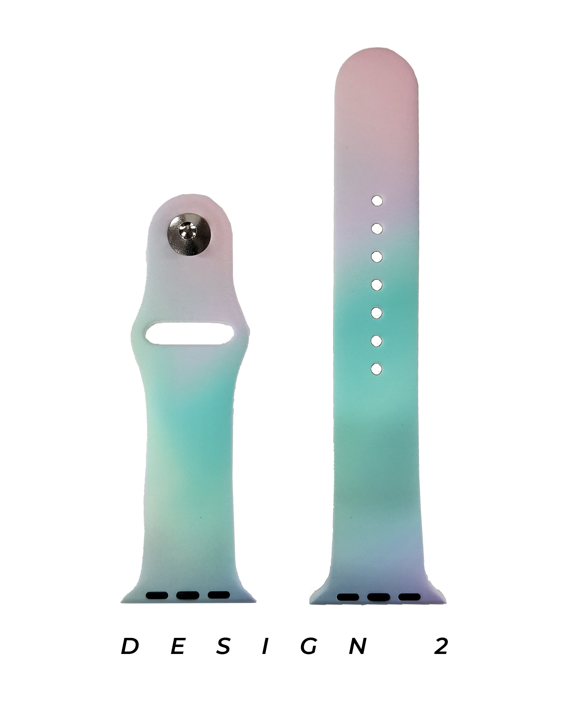 Pastel gradient silicone Apple Watch bands in pink and mint green with magnetic closure and adjustment holes