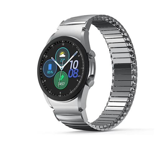 Silver stainless steel stretch bracelet for Galaxy Watch 4-7 with elastic link design and matching smartwatch