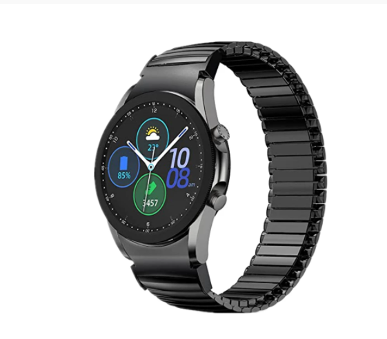 Black stainless steel stretch elastic bracelet band for Galaxy Watch 4 and Watch 5 with smartwatch display showing fitness metrics