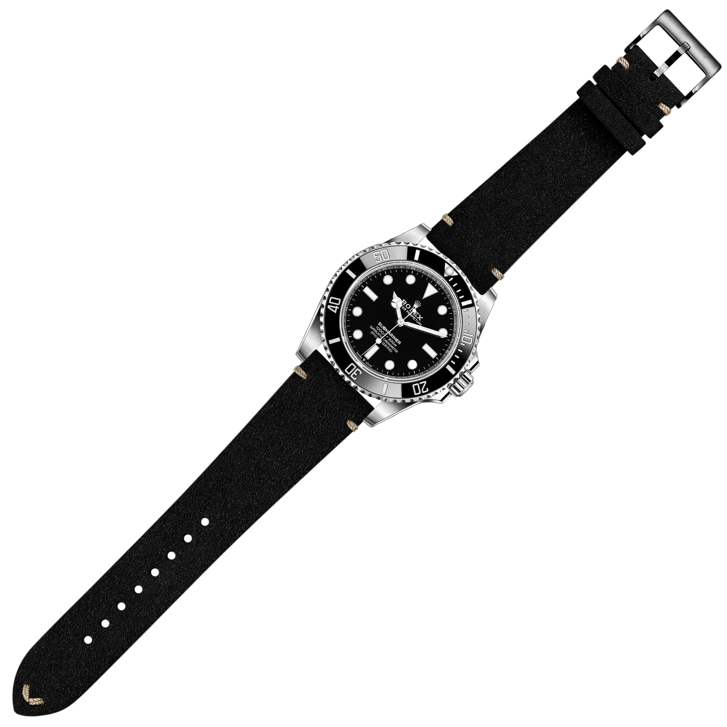 Luxury diver's watch with stainless steel case, black dial, rotating bezel, and black Alcantara leather quick-release strap