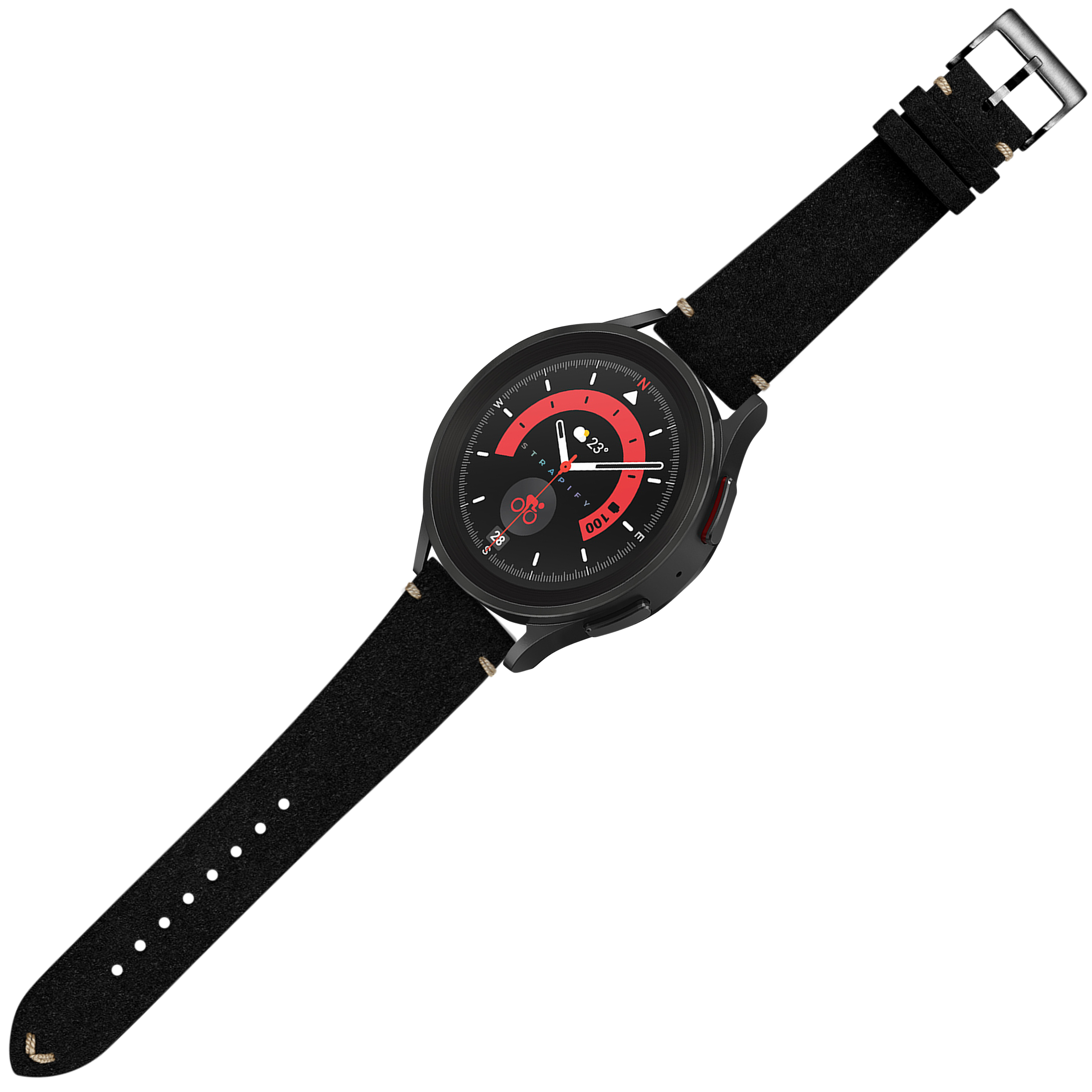 Black Alcantara leather watch strap with quick release buckle and vintage design aesthetic