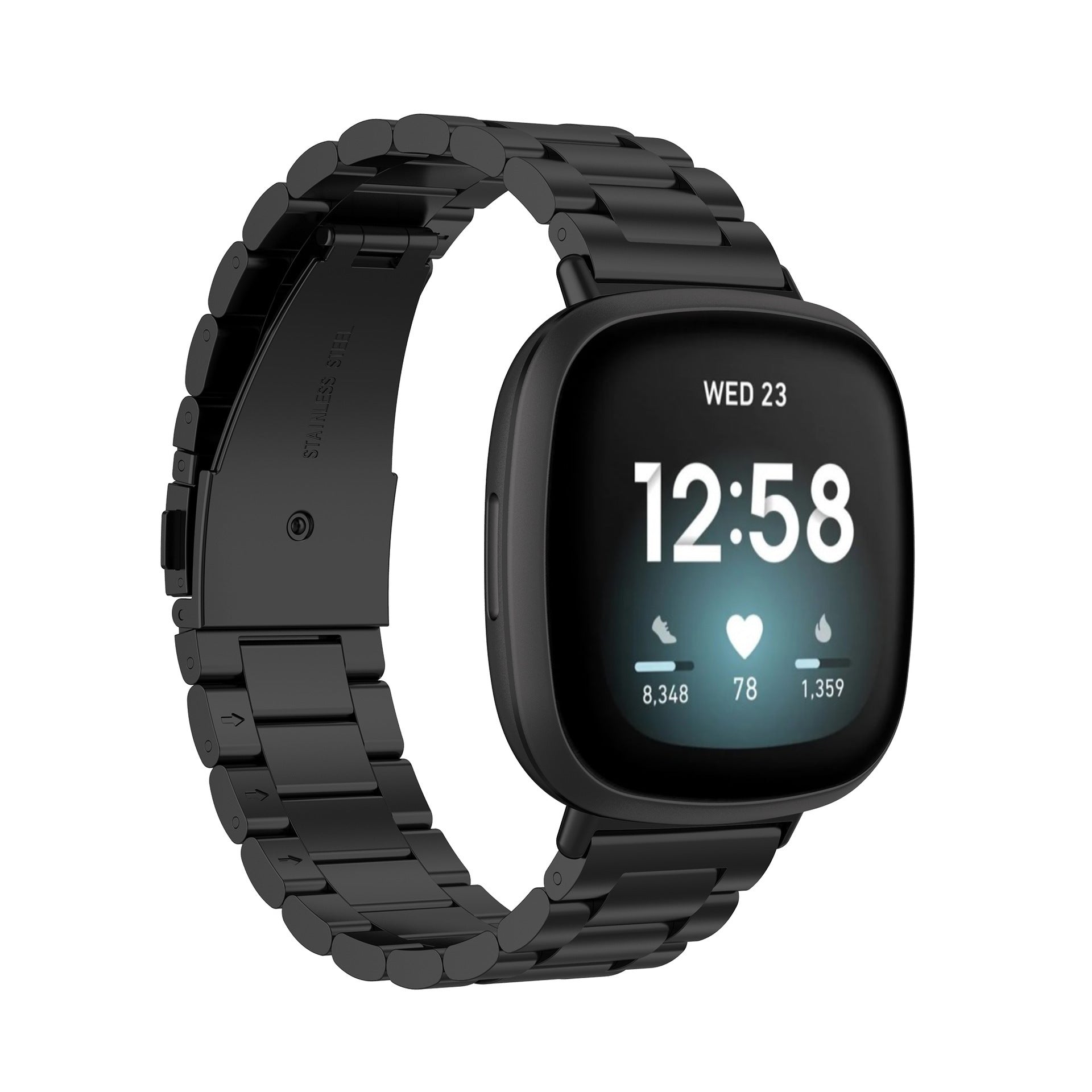Black stainless steel bracelet band for Fitbit Versa 3, Versa 4 and Sense smartwatch with link design
