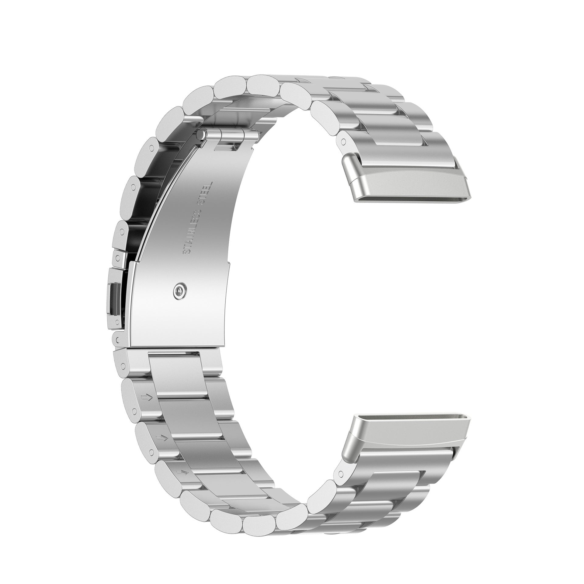 Silver stainless steel bracelet band for Fitbit Versa 3, Versa 4, and Sense smartwatch with metal link design and secure clasp