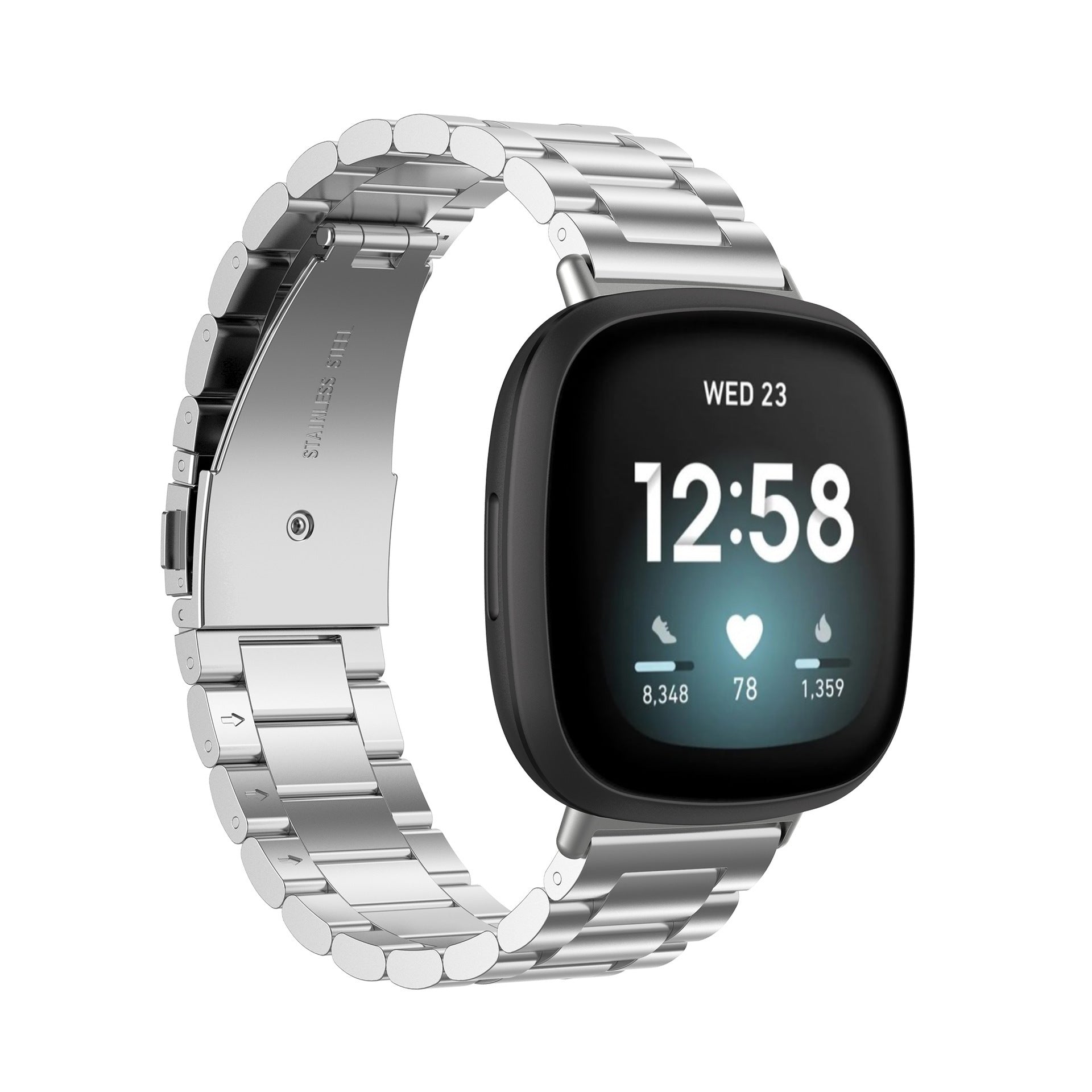Silver stainless steel bracelet band for Fitbit Versa 3, Versa 4, and Sense smartwatch with metal link design