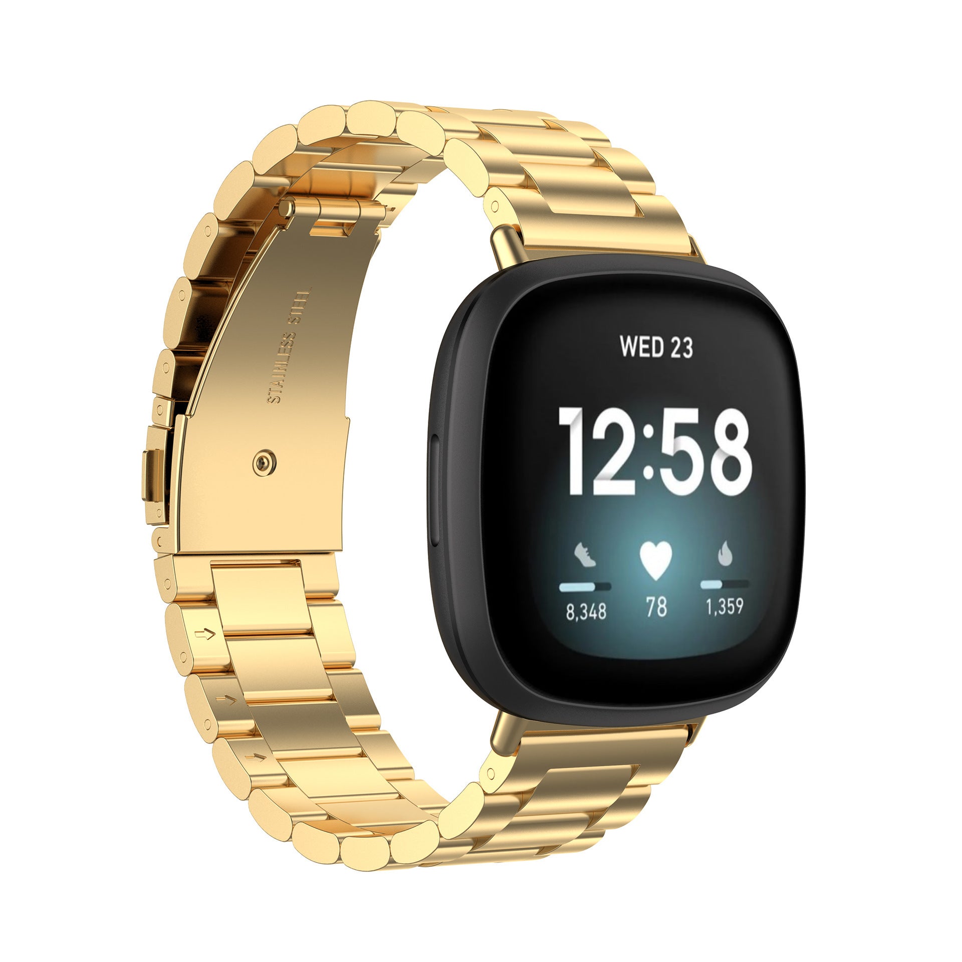 Gold stainless steel bracelet band for Fitbit Versa 3, Versa 4, and Sense smartwatch with display showing time and health metrics