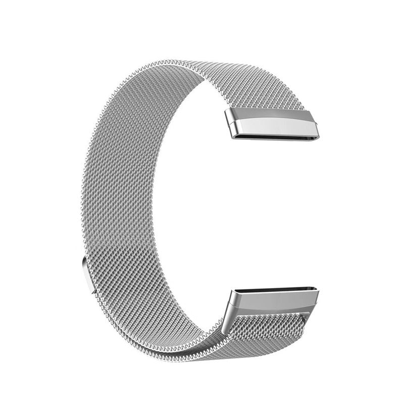 Silver milanese mesh band for Fitbit Versa 3, Versa 4, and Sense smartwatch with magnetic clasp closure