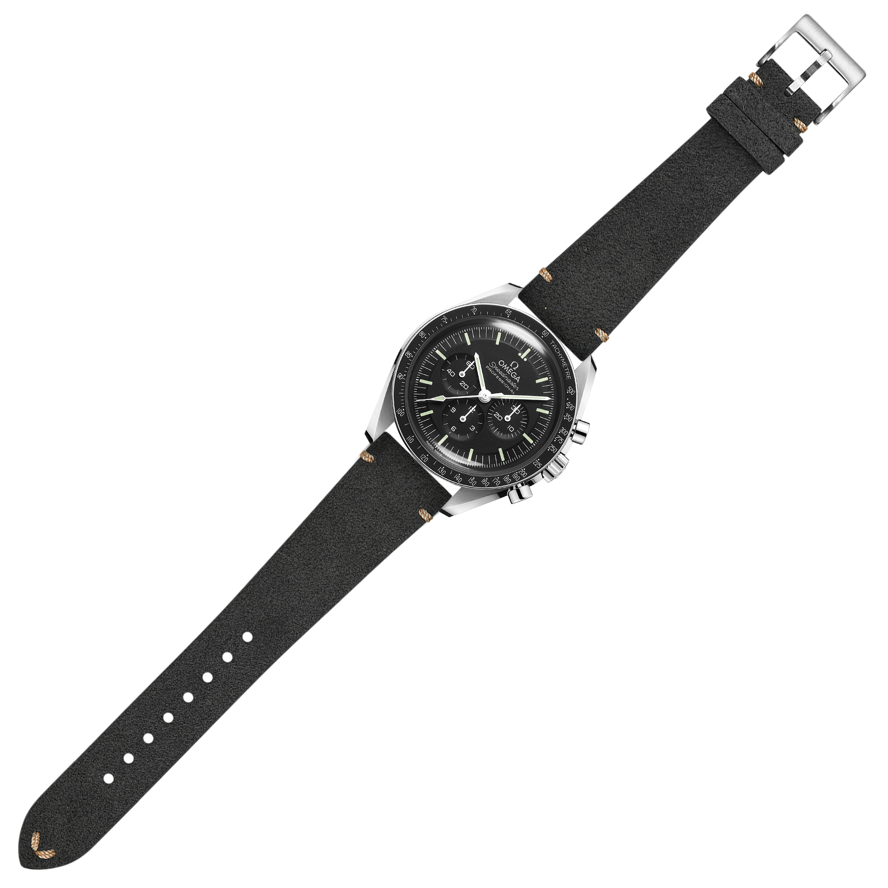 Chronograph watch with dark grey Alcantara leather strap and quick release buckle on white background
