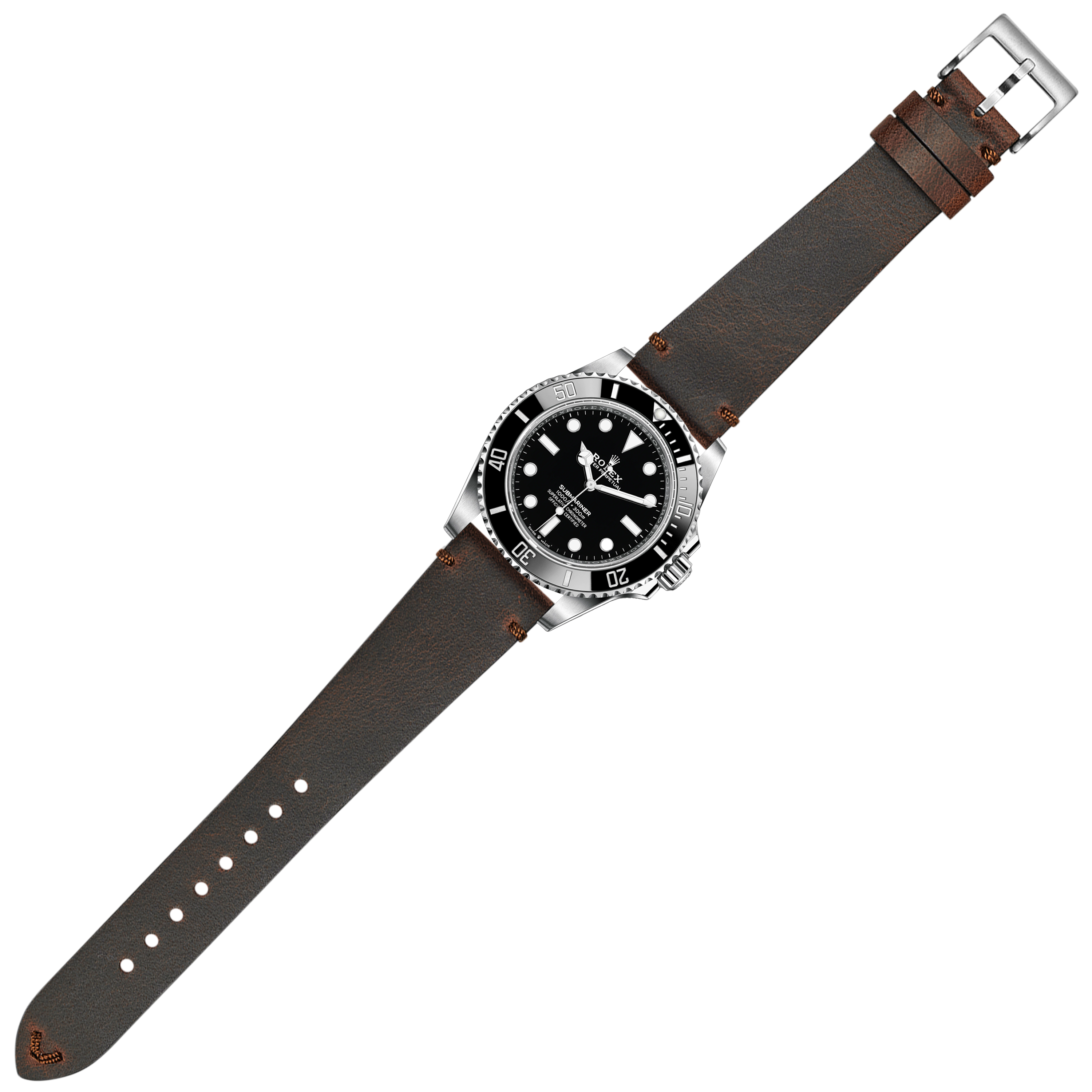 Stainless steel dive watch with black dial on vintage crazy horse leather strap with quick release buckle