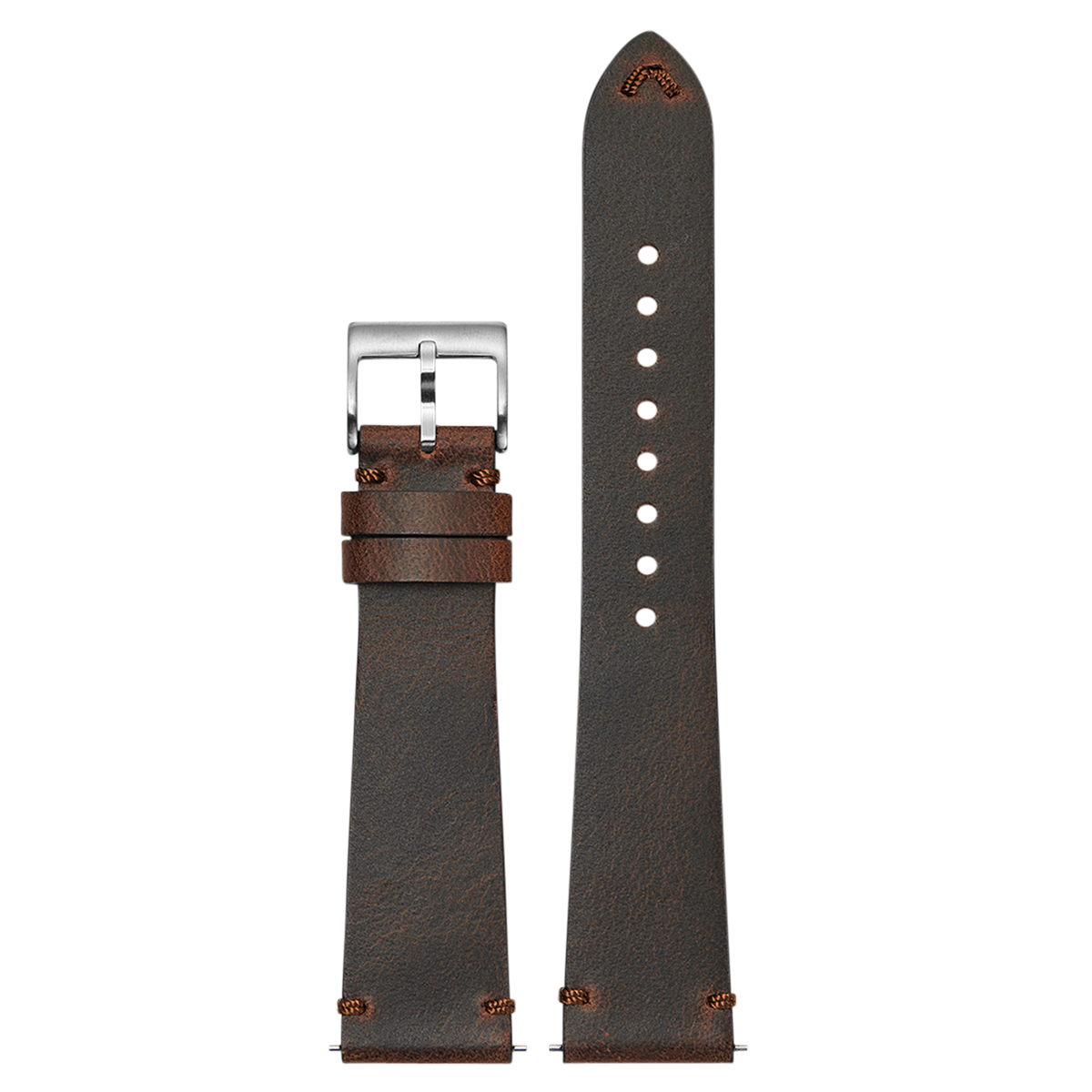 Vintage crazy horse leather watch band in dark gray with brown accents, silver buckle, and decorative stitch detail