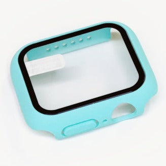 Light blue protective case for Apple Watch with black bumper and clear screen window, compatible with Series 1-9