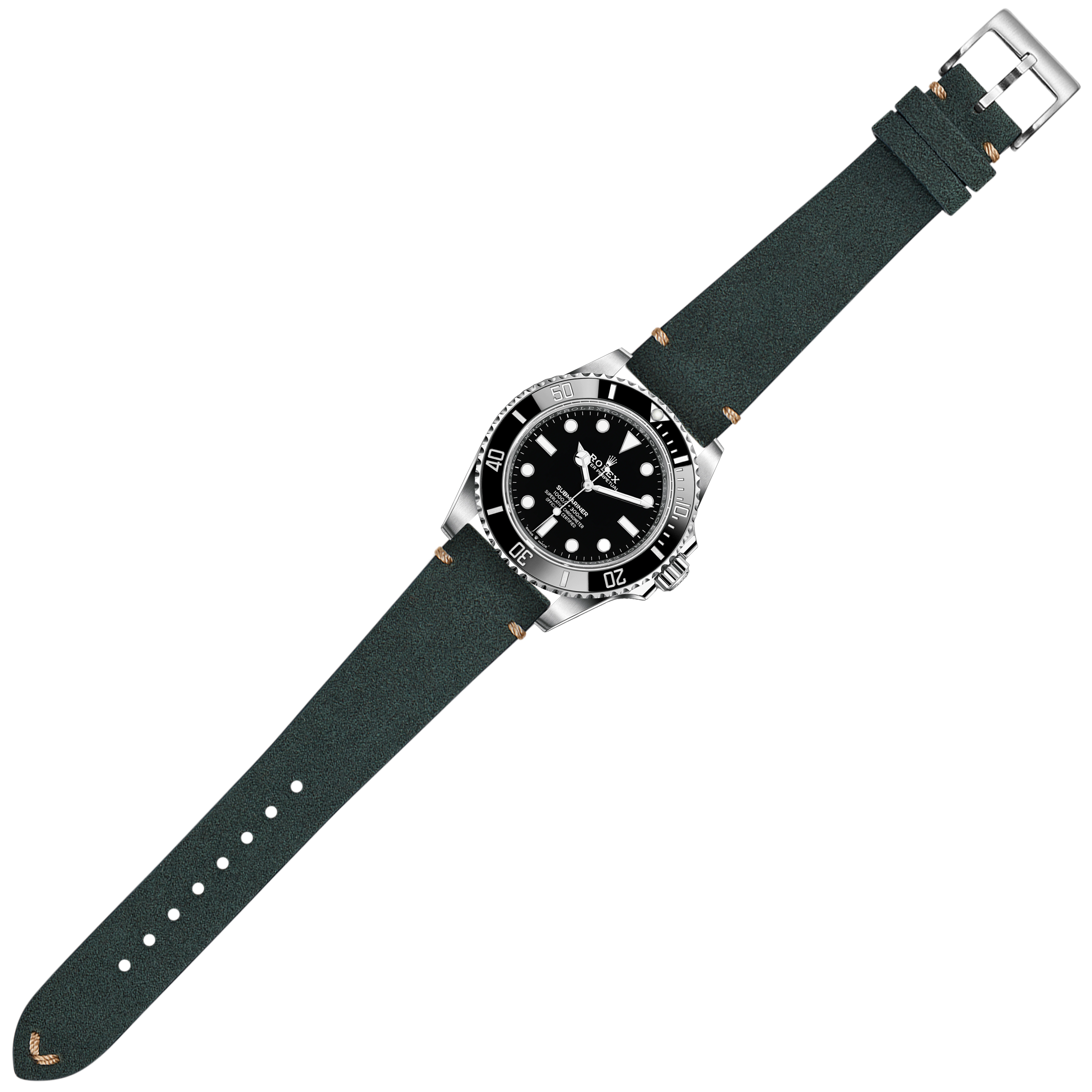 Steel dive watch with black dial on forest green Alcantara leather strap with quick release buckle