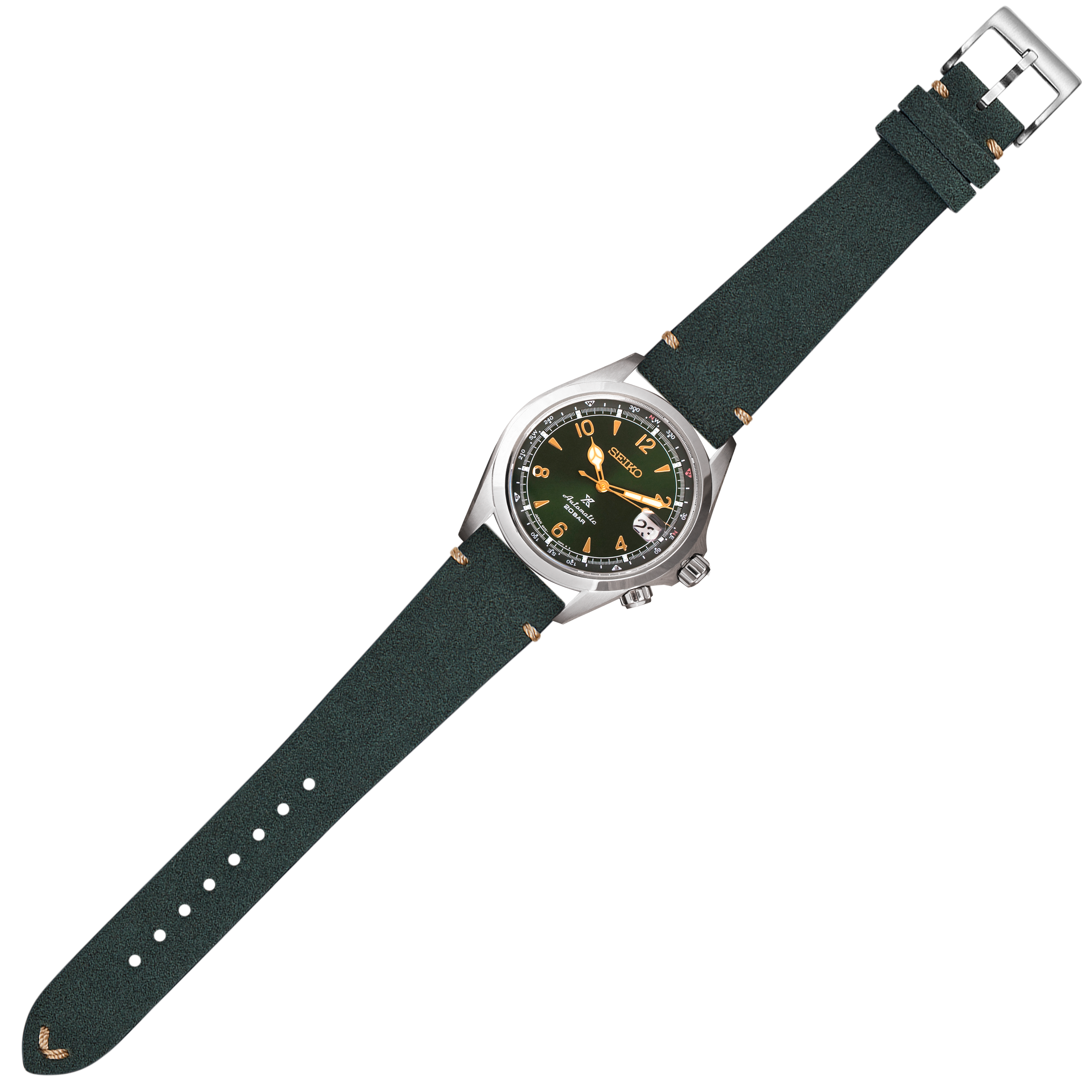 Seiko field watch with forest green Alcantara leather quick release band and stainless steel case