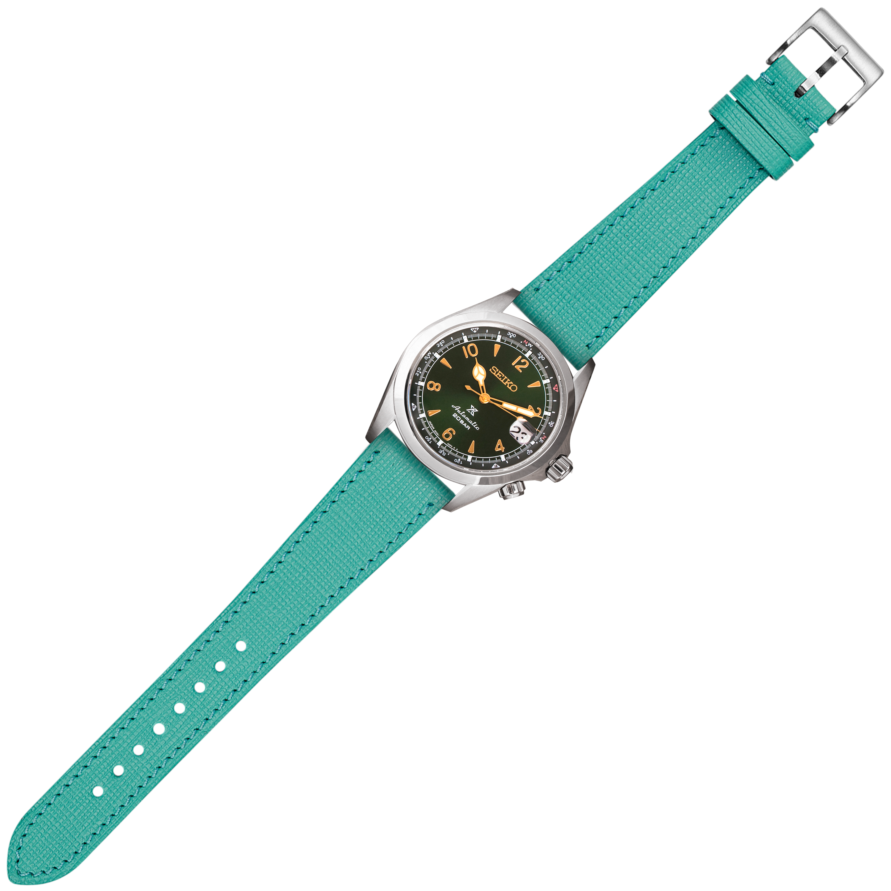 Seiko Prospex dive watch with green dial and gold numerals on turquoise leather quick release strap