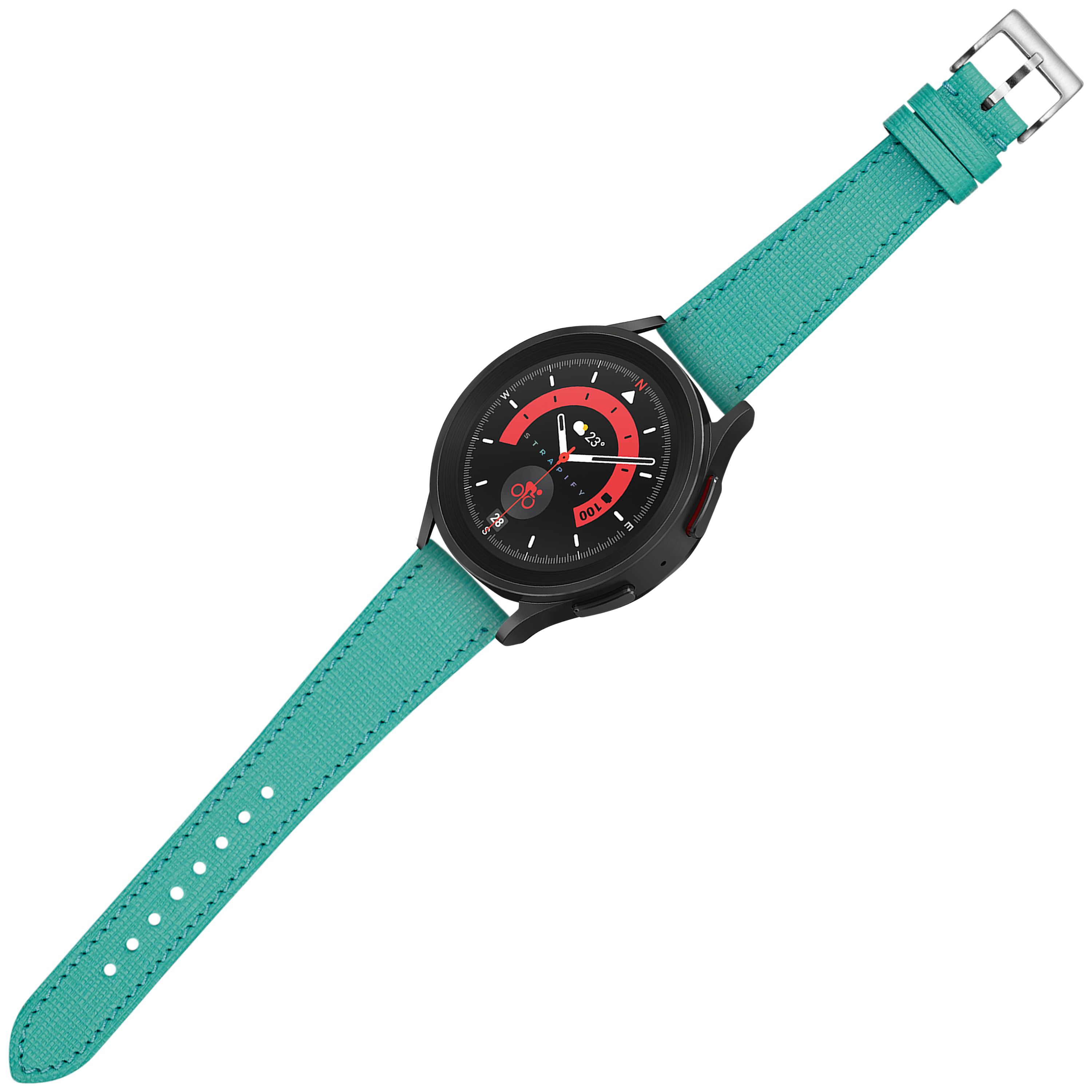 Black sports watch with red dial and tiffany blue leather quick release strap with silver buckle