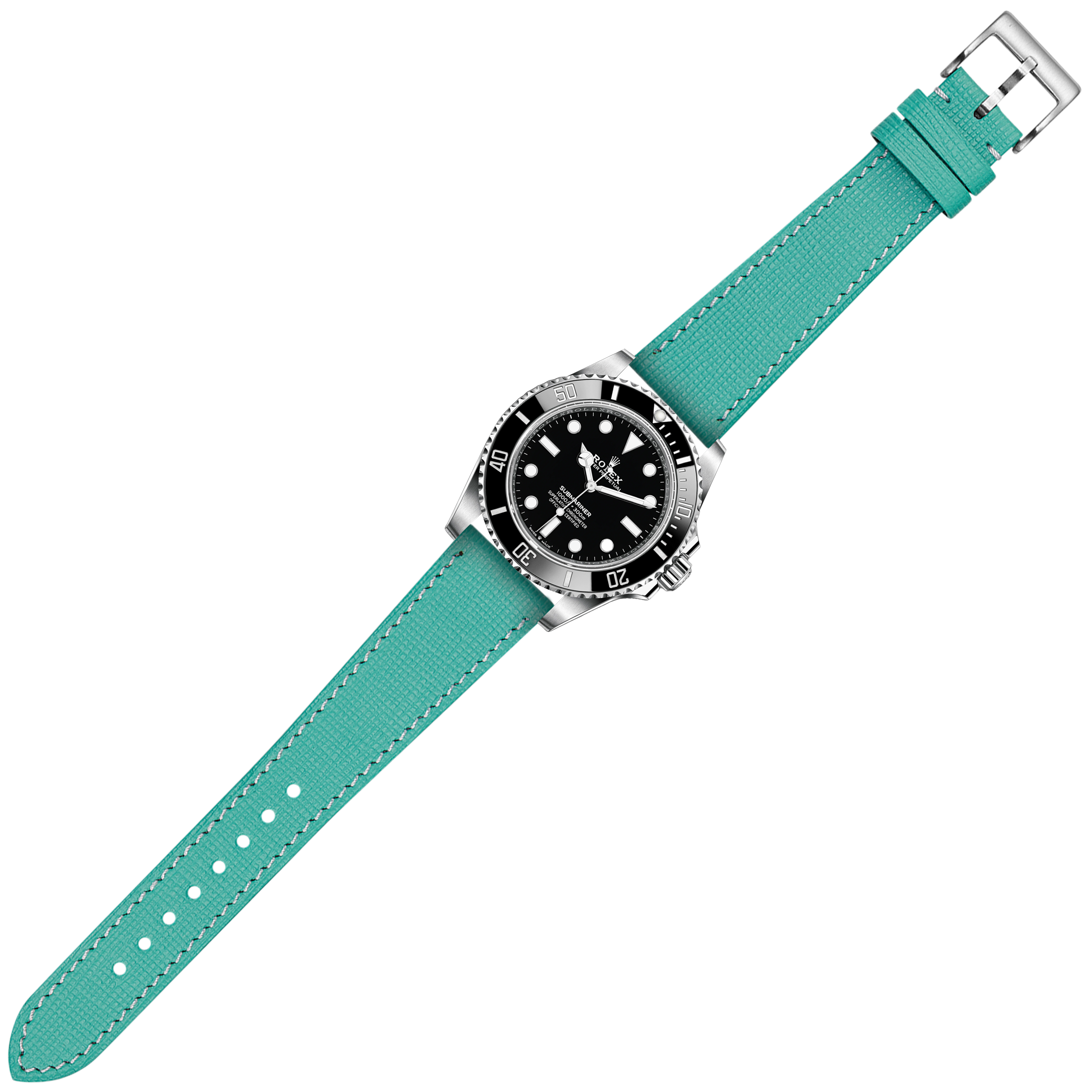 Luxury dive watch with black dial and rotating bezel on tiffany blue leather quick release strap with white stitching