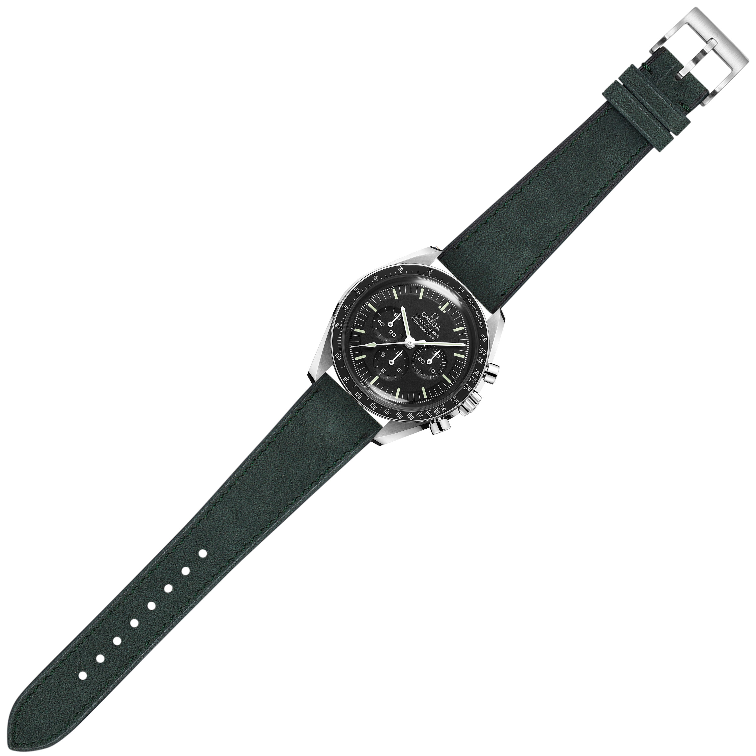Stainless steel chronograph watch with black dial and forest green Alcantara leather strap featuring quick release buckle