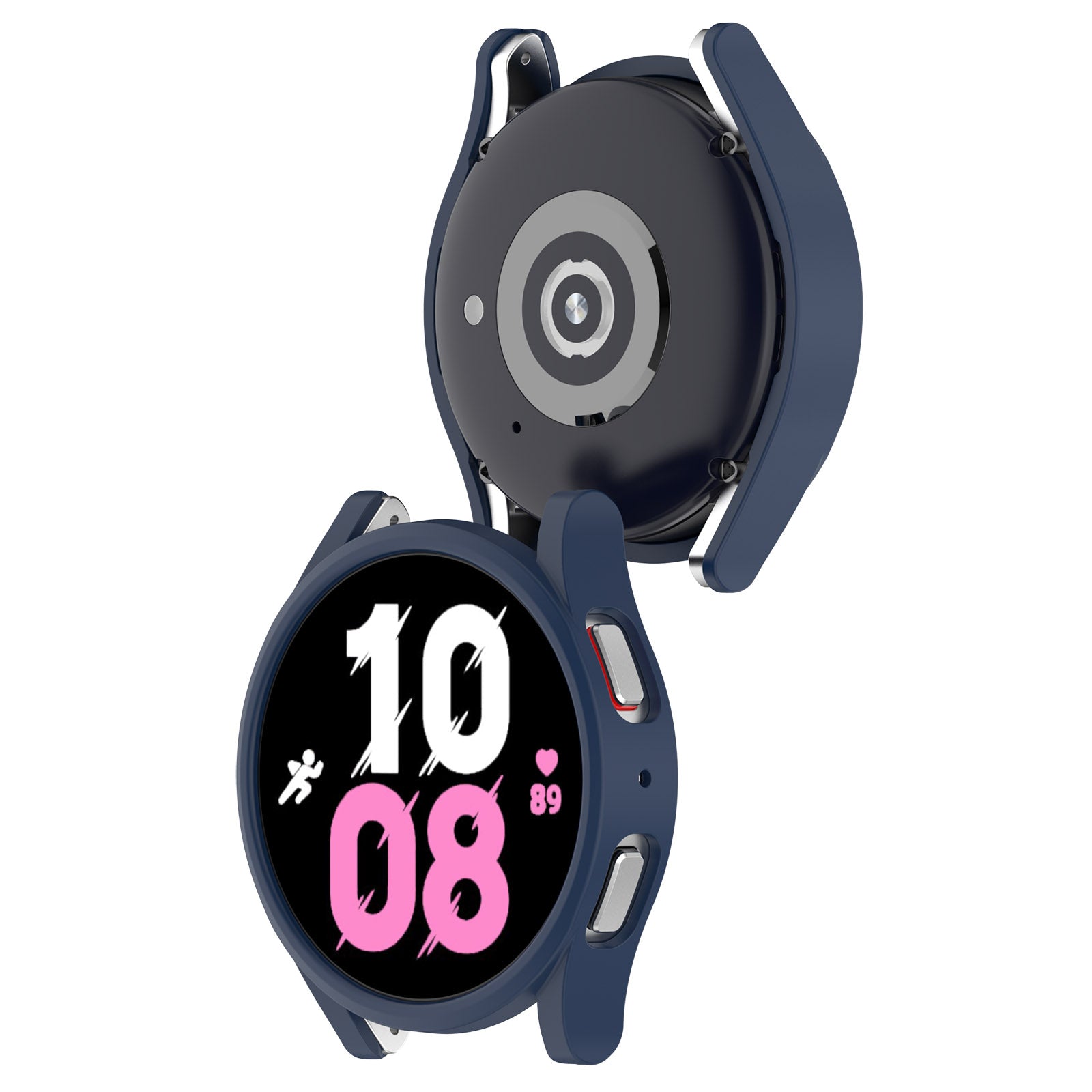 Navy blue protective case for Galaxy Watch 4 and 5 with cushioned bumpers and clear screen protector, displayed open front and back view