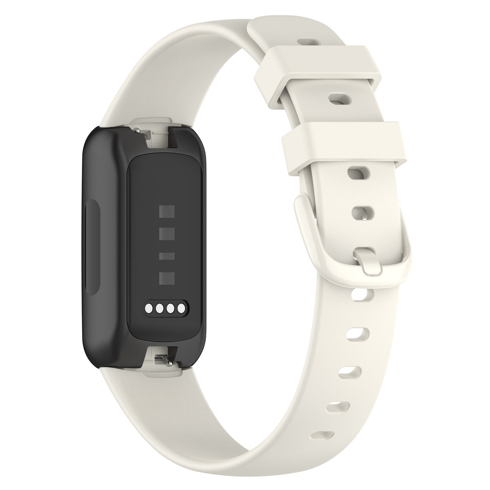 Fitbit Inspire 3 fitness tracker with white silicone band and black case featuring LED indicator lights