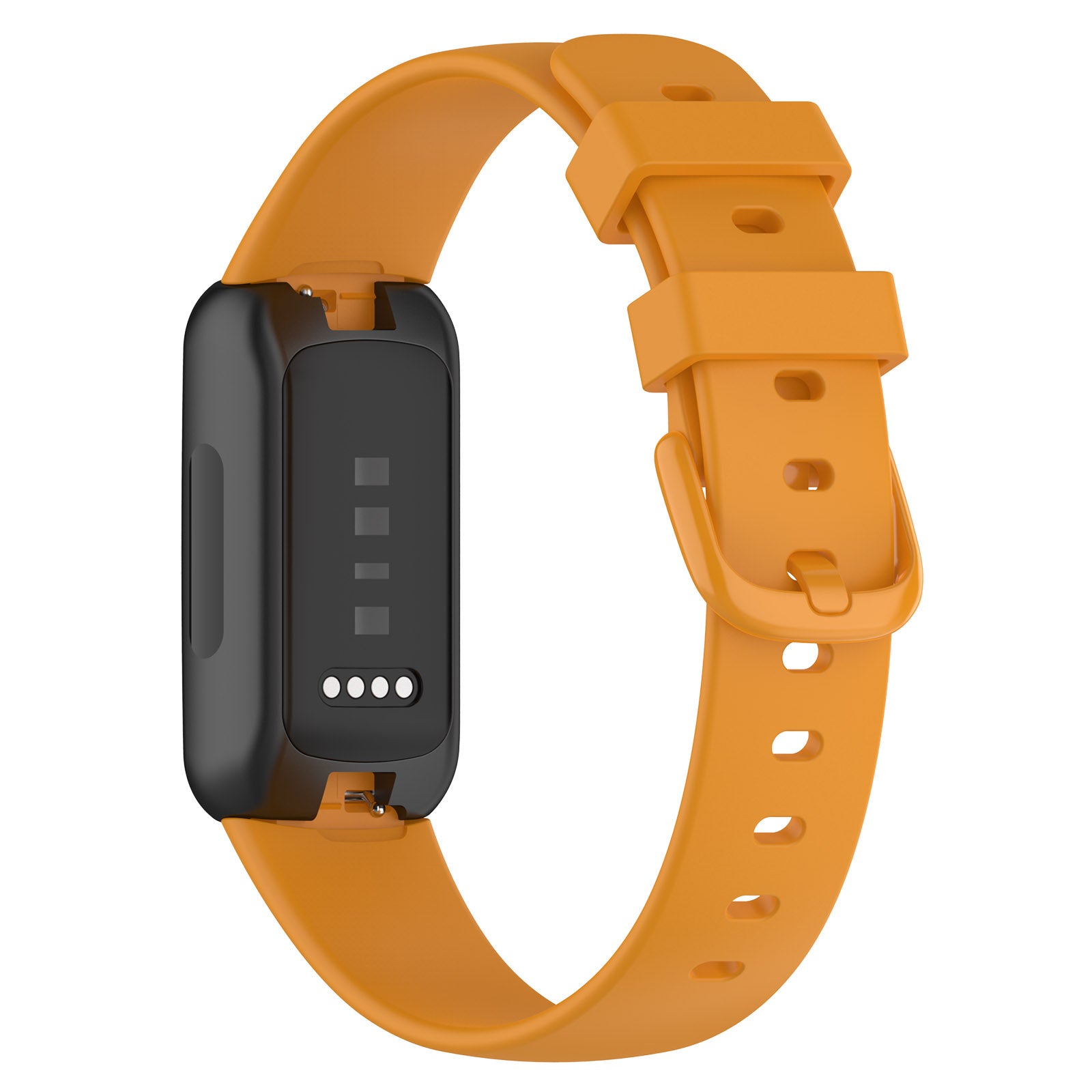 Fitbit Inspire 3 fitness tracker with orange silicone band and black case, adjustable buckle strap design