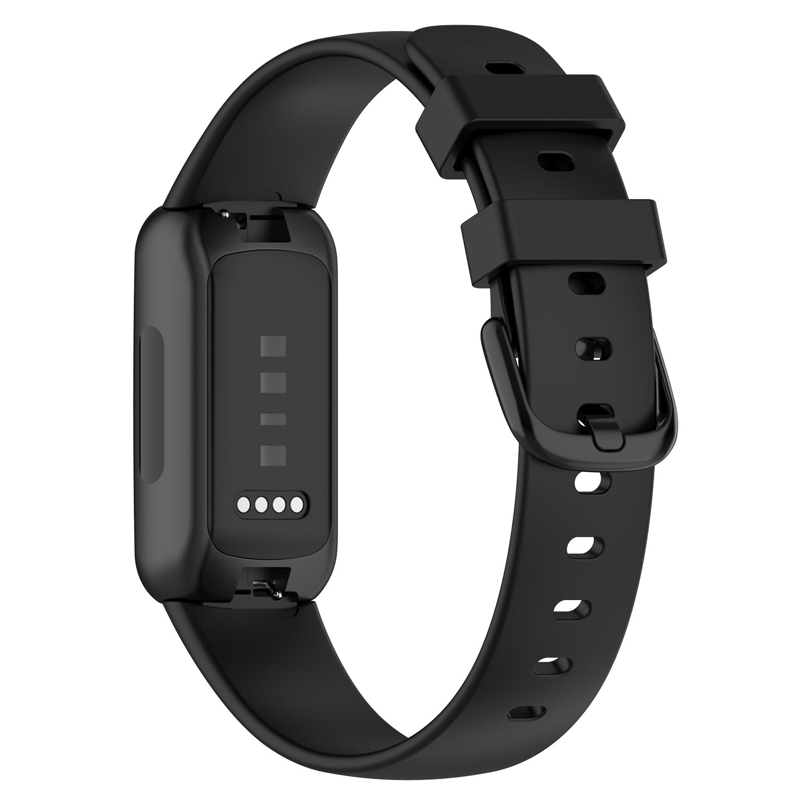 Black silicone Fitbit Inspire 3 fitness tracker with rectangular display and adjustable strap with buckle closure