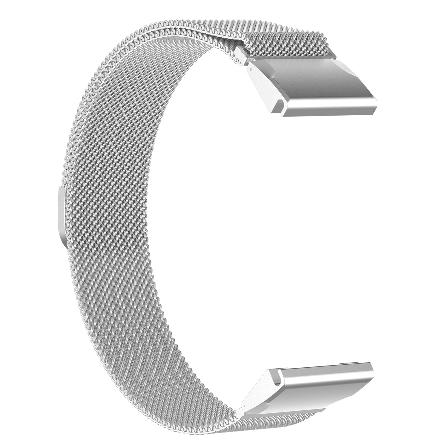 Silver stainless steel mesh smartwatch band with magnetic clasp closure