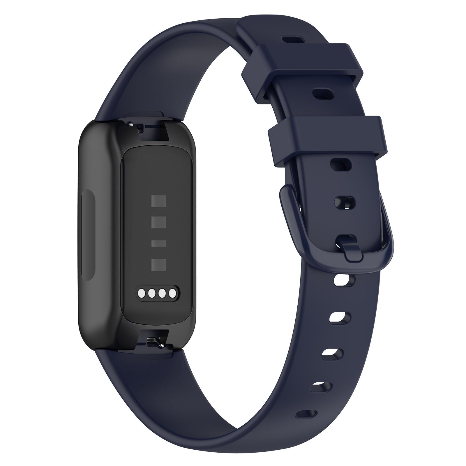 Fitbit Inspire 3 fitness tracker with navy silicone band and black case featuring LED indicator lights
