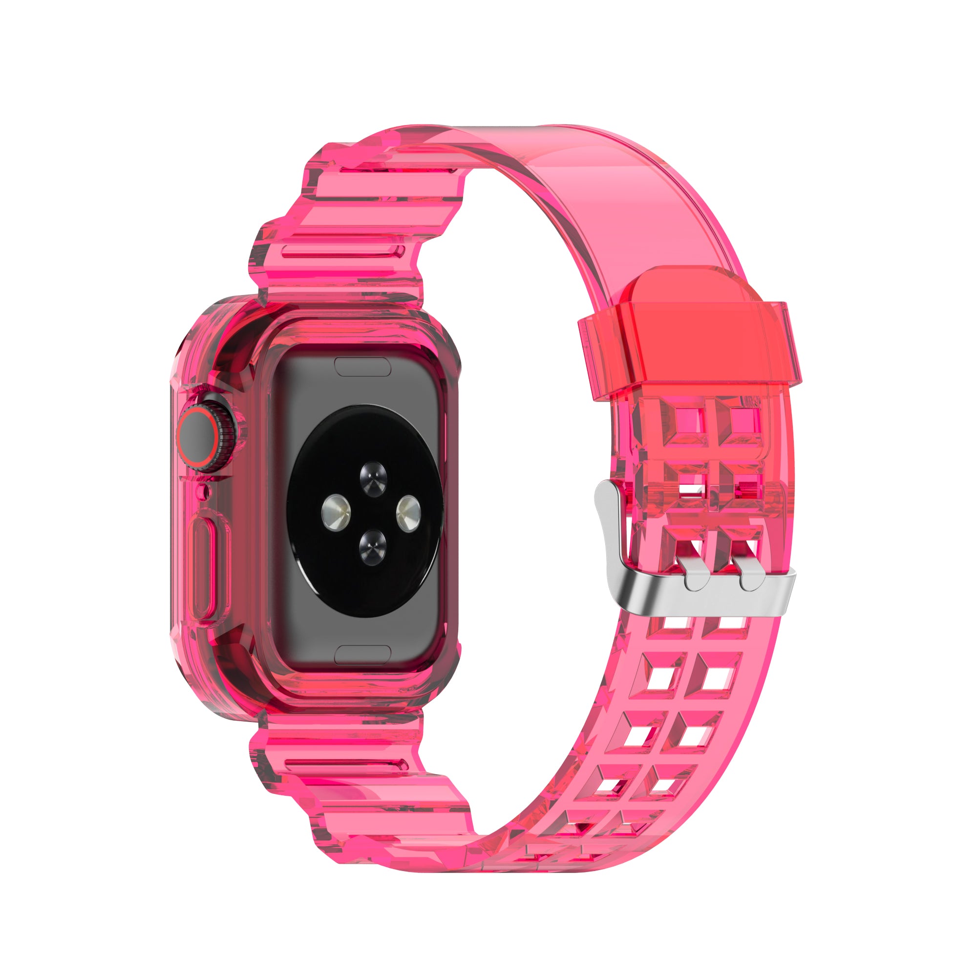 Transparent hot pink silicone case and band for Apple Watch with silver buckle closure and ventilation holes