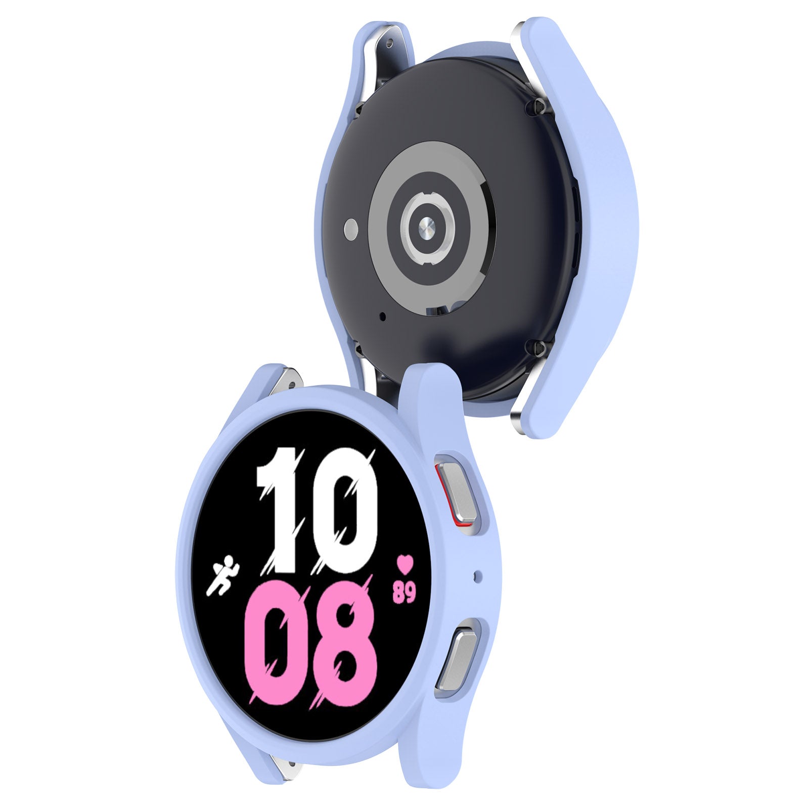Light blue protective case for Galaxy Watch 4 and 5 with rubberized bumper guards and open face design showing watch display