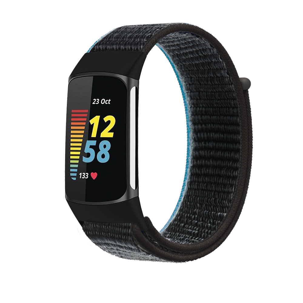 Black sports loop velcro band for Fitbit Charge 5 and 6 fitness tracker with woven nylon material