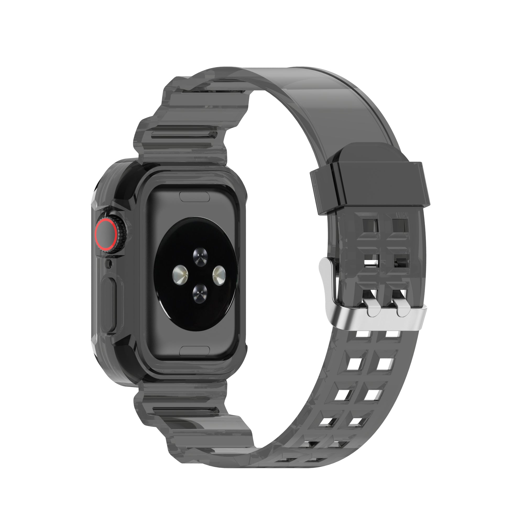 Rugged transparent case and black sport strap for Apple Watch with red digital crown button and metal buckle