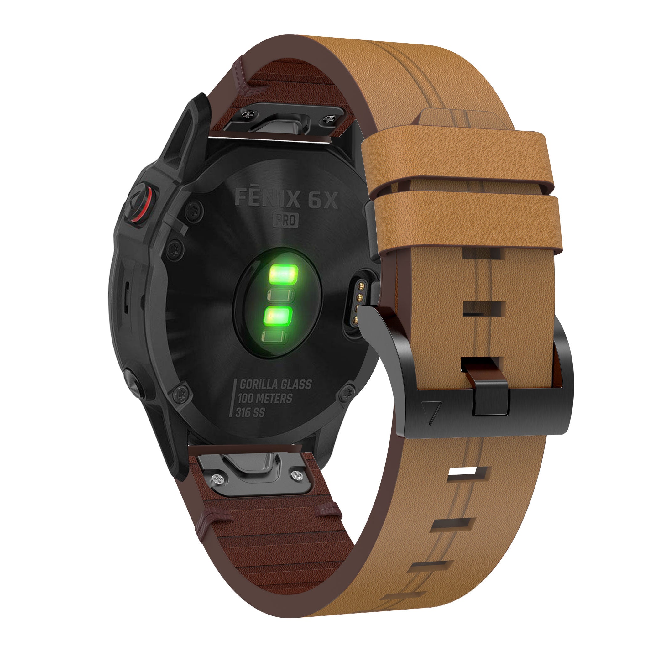 Fenix 6X Pro smartwatch with tan leather QuickFit band, black case, glowing green battery indicator, and Gorilla Glass display