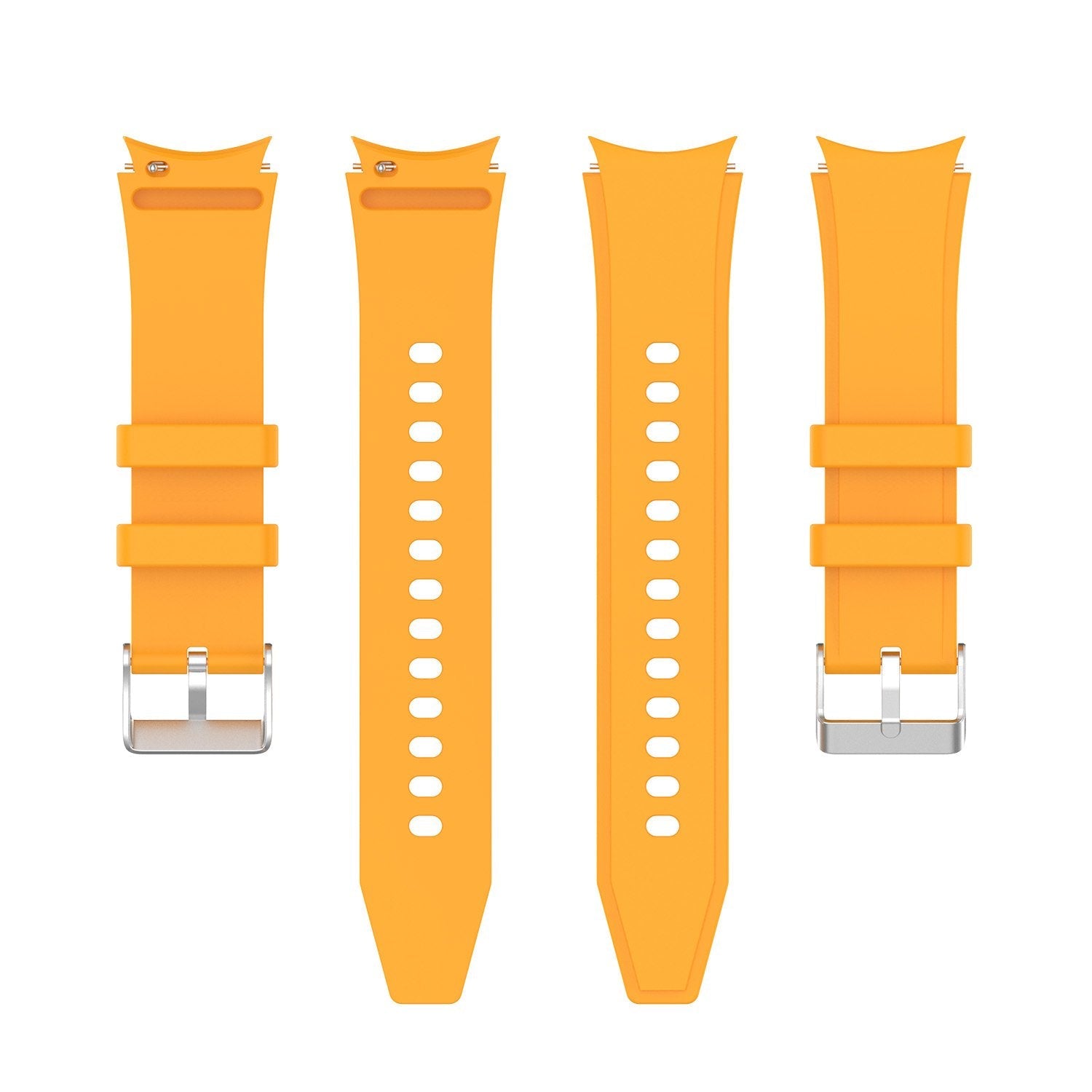 Yellow gapless flexi silicone watch band with ventilation holes and metal buckle clasp in multiple views