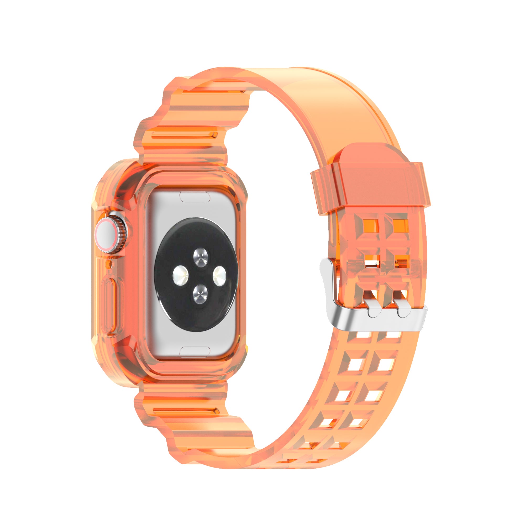 Transparent orange Apple Watch case and band set with perforated strap and silver hardware connector
