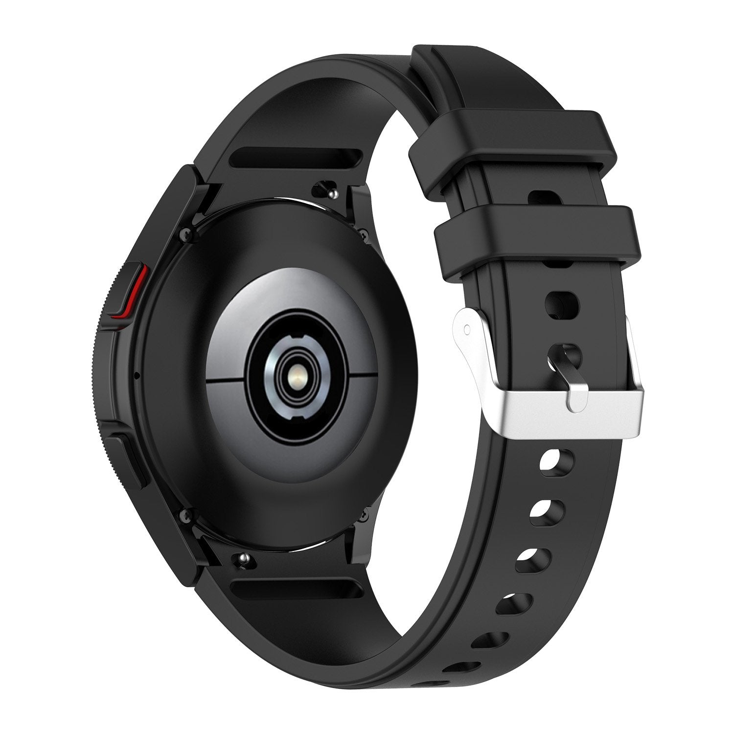 Black silicone smartwatch band with gapless flexi design and white buckle clasp for Galaxy Watch and Vivomove HR
