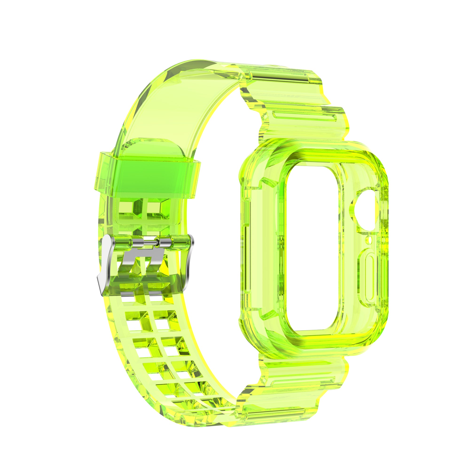 Neon yellow transparent protective case and sport band for smartwatch with metal buckle closure