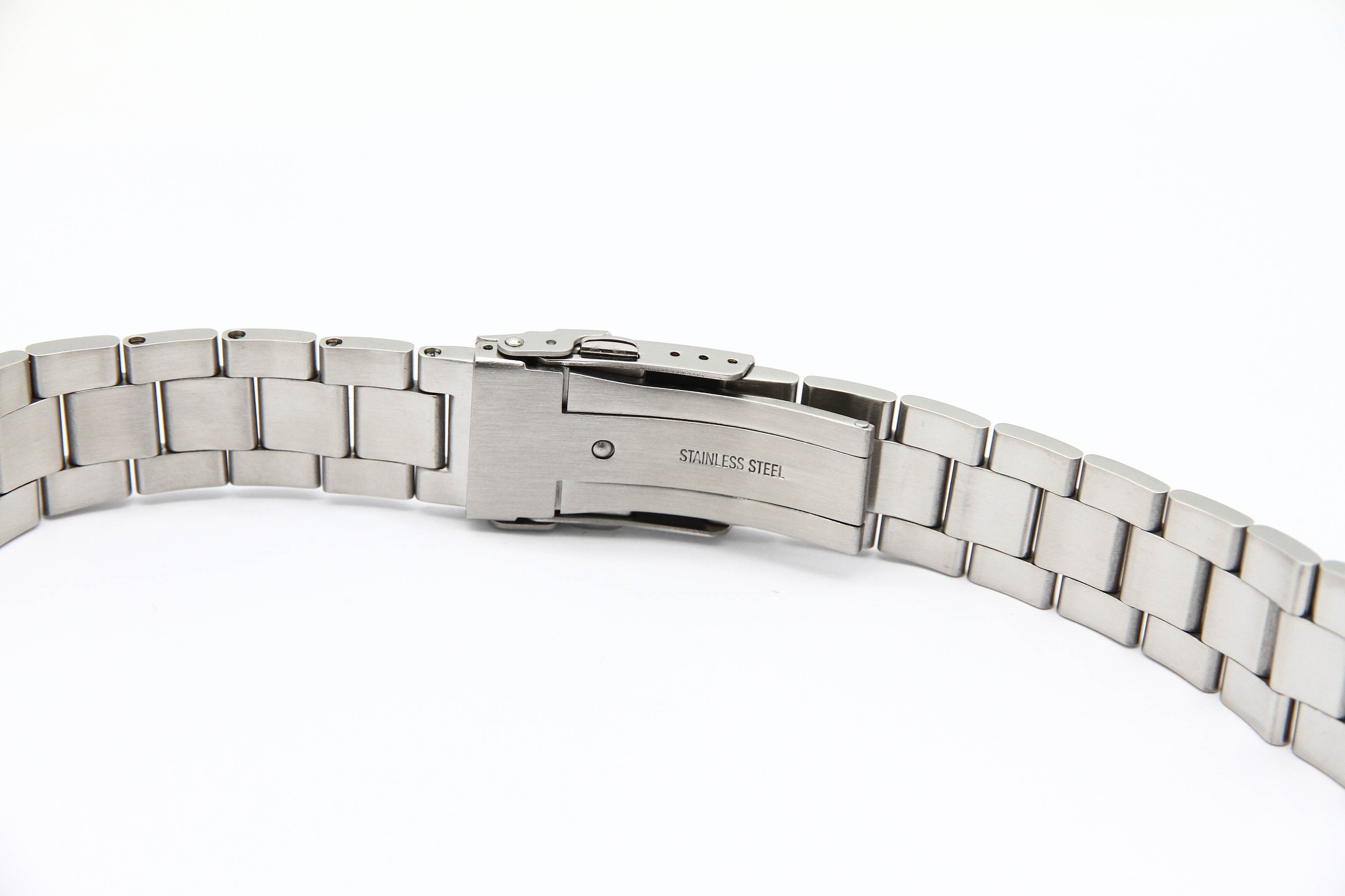 Stainless steel watch bracelet with solid link construction and deployment clasp closure