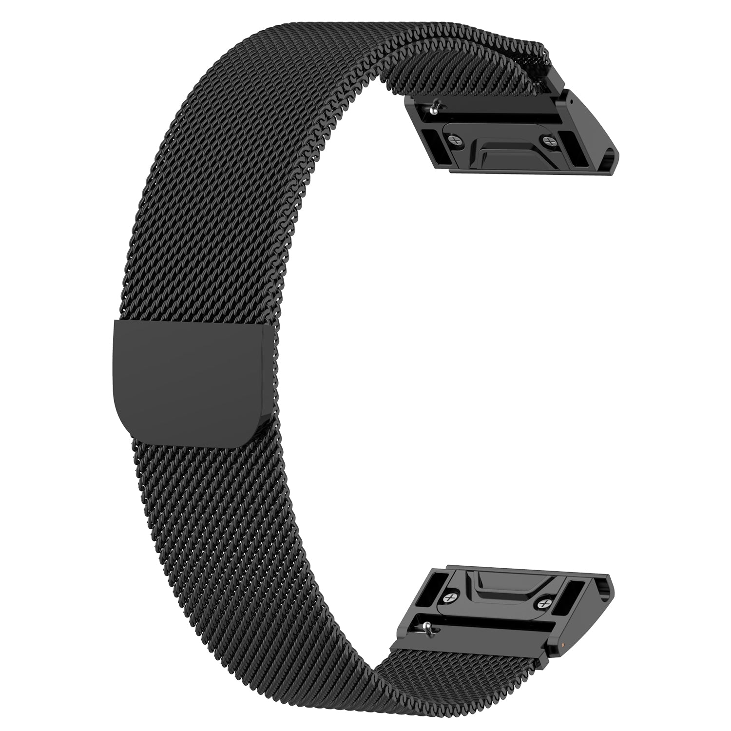 Black stainless steel Milanese mesh watch band with QuickFit connectors for easy strap replacement