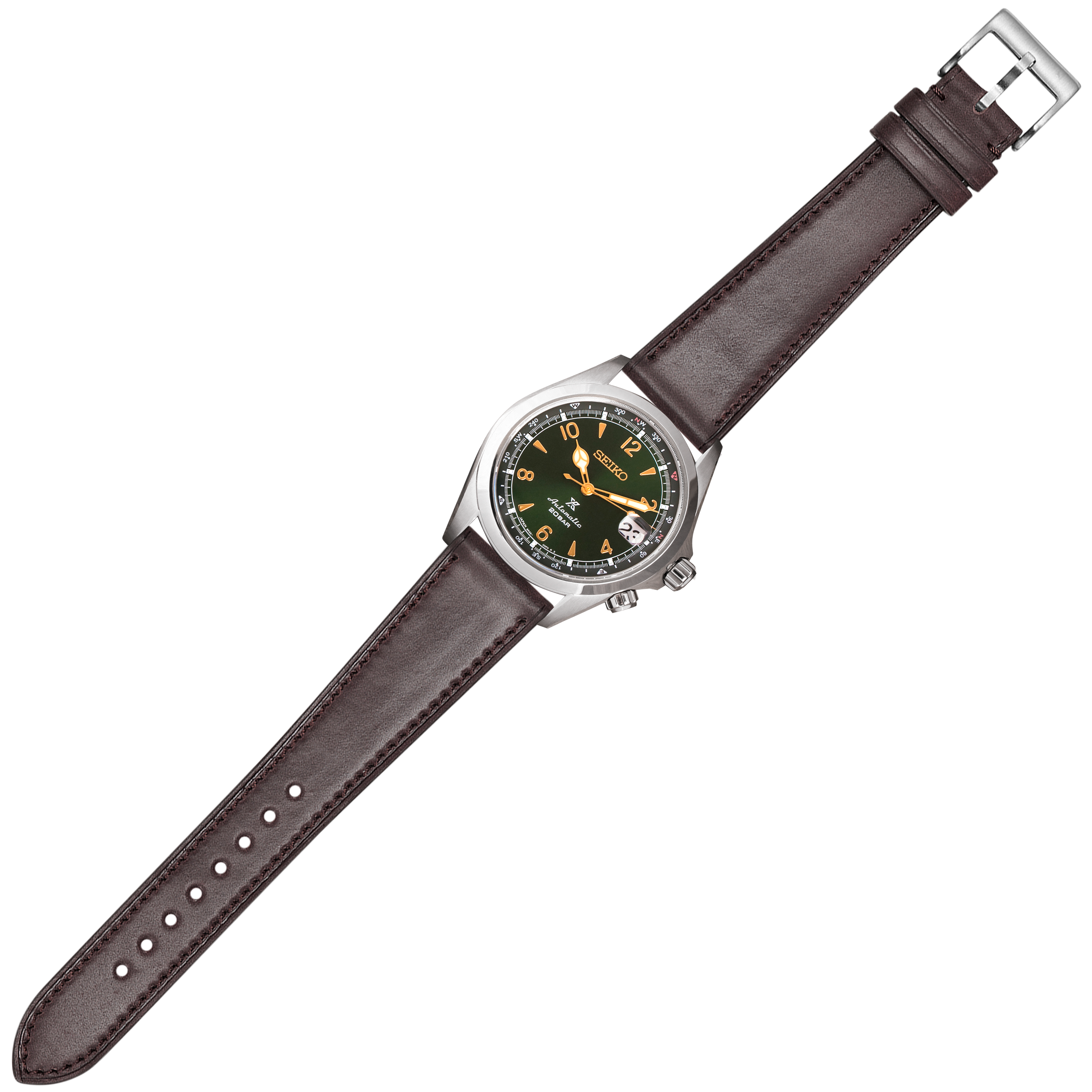 Seiko Prospex watch with green dial and orange accents on dark brown Horween Shell Cordovan leather strap with quick release buckle