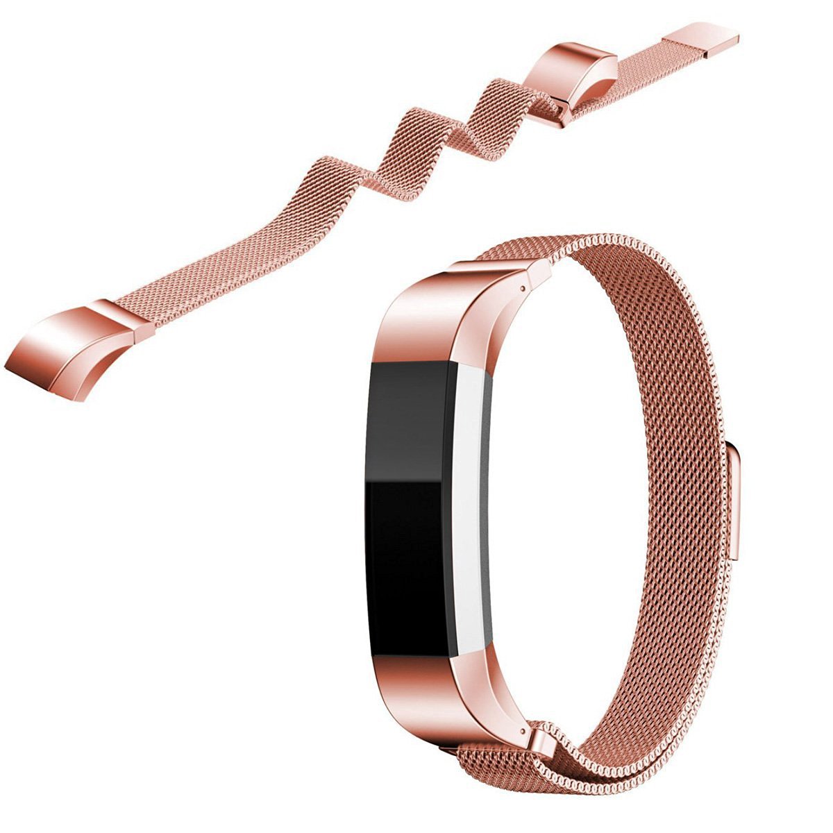 Rose gold Milanese mesh band for Fitbit Alta and Ace fitness trackers with magnetic closure clasp