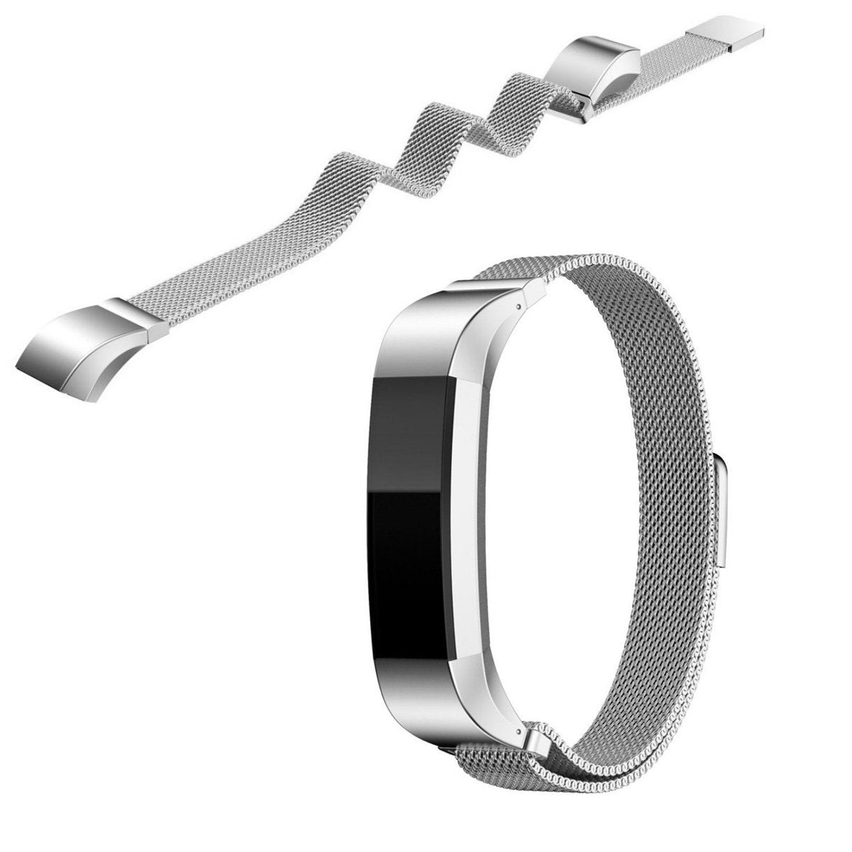 Silver milanese mesh band for Fitbit Alta and Ace fitness trackers with magnetic closure clasp
