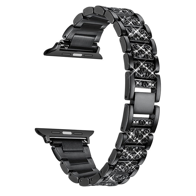 Black zirconia crystal Apple Watch band with stainless steel links and connector adapter