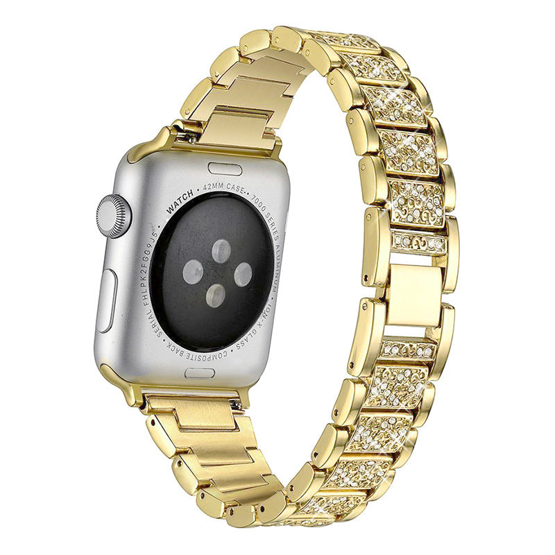 Gold stainless steel smartwatch band with cubic zirconia crystals and matching gold case connector for Apple Watch