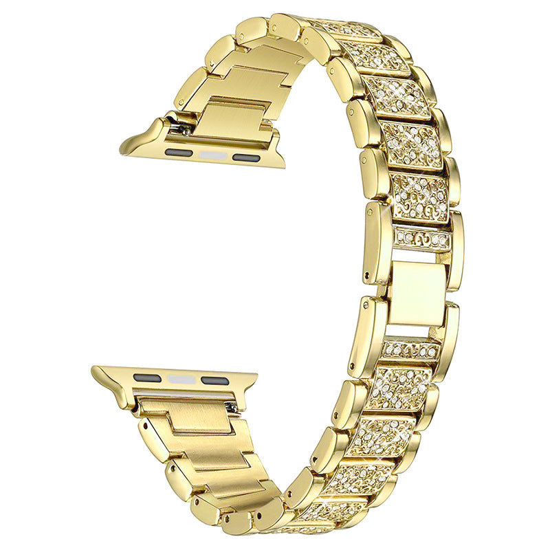 Gold stainless steel Apple Watch band with cubic zirconia crystals and metal links for Apple Watch compatibility