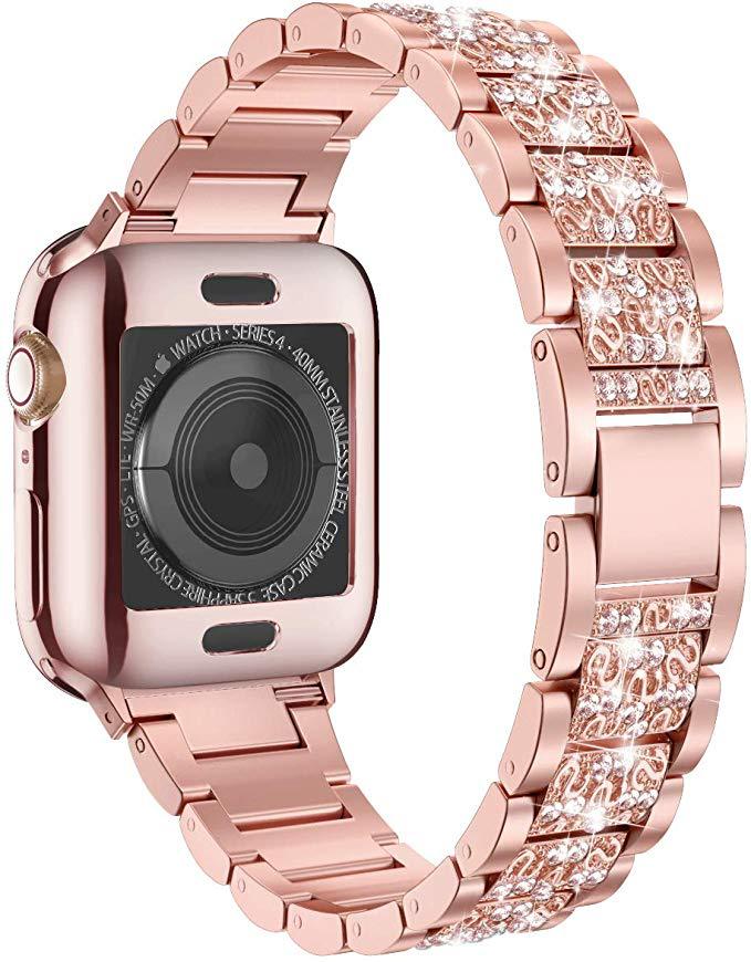 Rose gold smartwatch with diamond-encrusted stainless steel bracelet band and matching rose gold case
