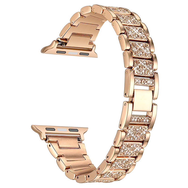 Rose gold stainless steel Apple Watch band with cubic zirconia crystals and metal link design