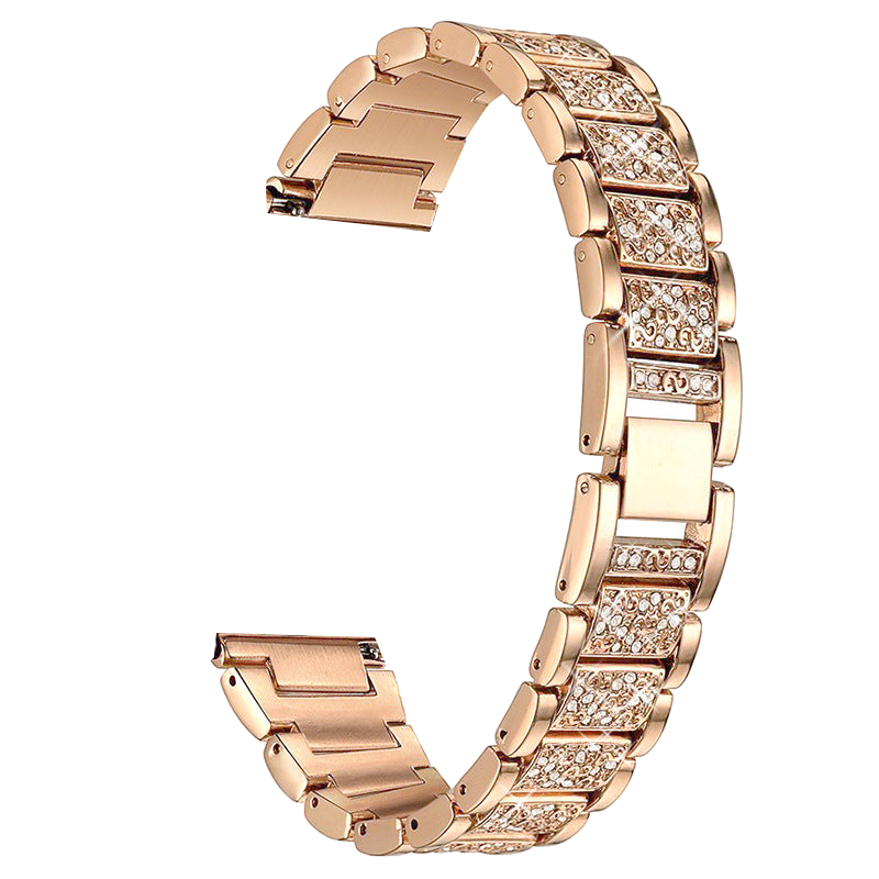 Rose gold quick release smartwatch band with crystal rhinestone embellishments and polished metal links
