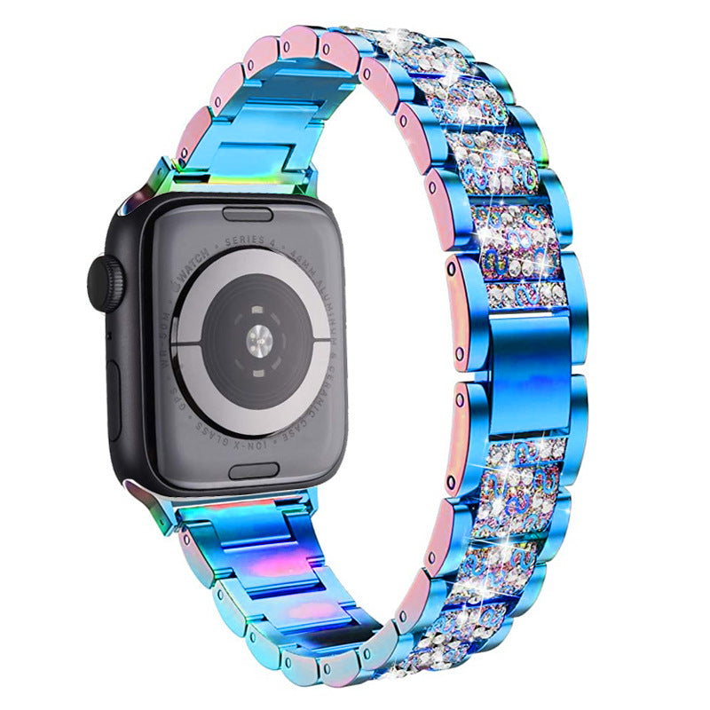 Iridescent blue and pink stainless steel smart watch band with crystal shimmer pattern and quick release connector for series 4-9