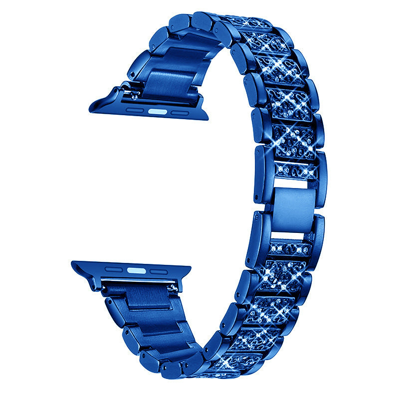 Blue zirconia crystal smartwatch band with metal links and connector compatible with Apple Watch