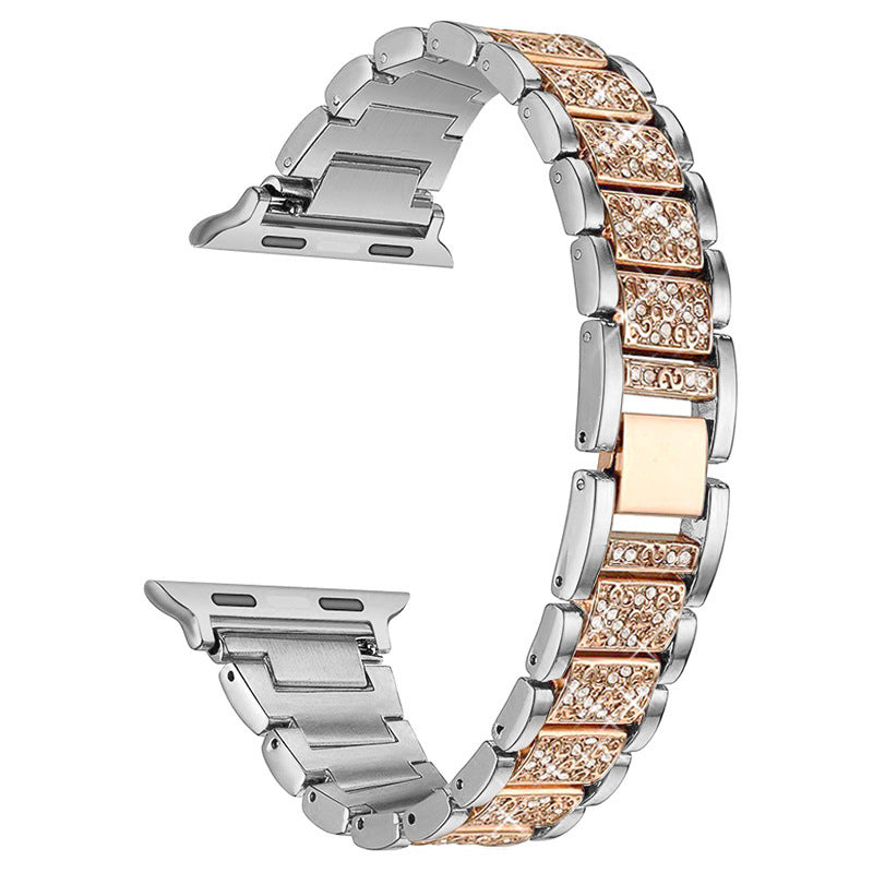 Two-tone rose gold and silver zirconia crystal Apple Watch band with stainless steel connector and clasp